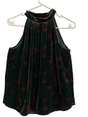 LOFT Green Velvet Floral Tank with Red Rose Accents